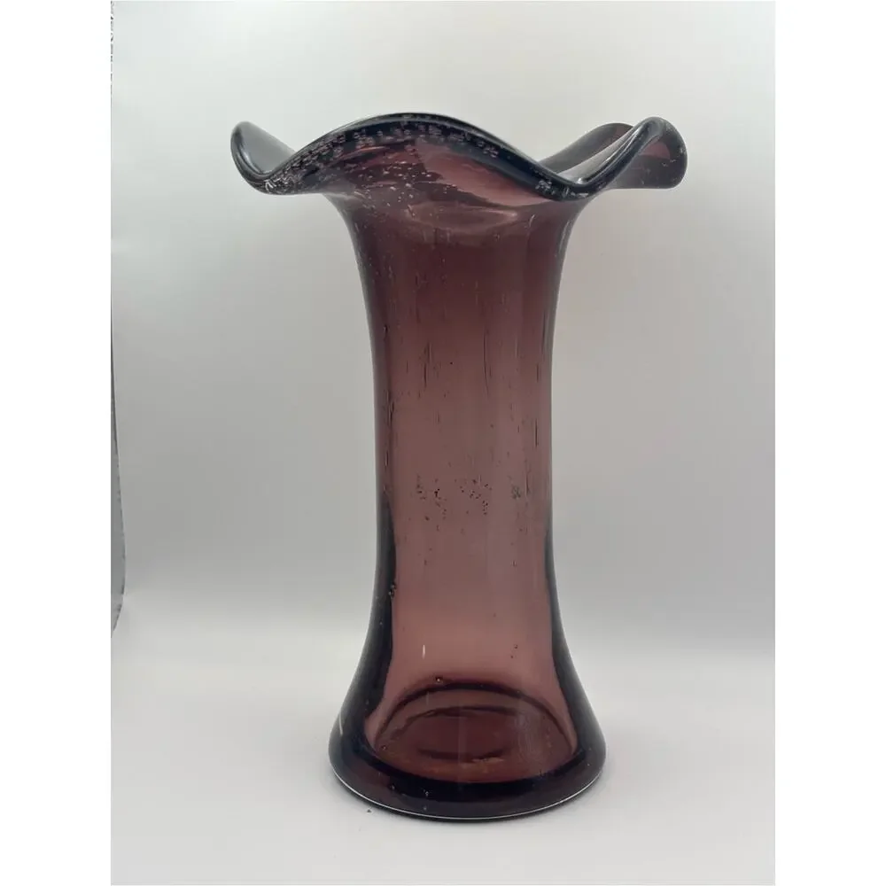 Vintage Amethyst Purple Vase with Ruffled Top, Hand Blown Art Glass Flower Vase